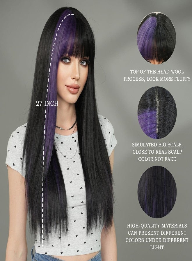 7JHH WIGS Long Straight Purple Highlight Wig with Bangs 27in Natural Heat Resistant Fiber Synthetic Half Black Half Purple Layered Wigs for Women Girls Holiday Chrismas Daily Party Used - Image 2